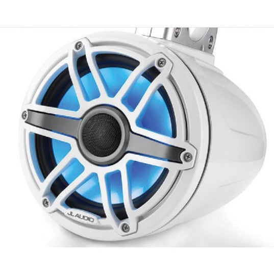 JL AUDIO M6-770ETXV3-GW-S-GWGW-I: 7.7" Tower Speakers, Gloss White Sport Grille, RGB LED, PAIR | 93655 | 010-03278-00